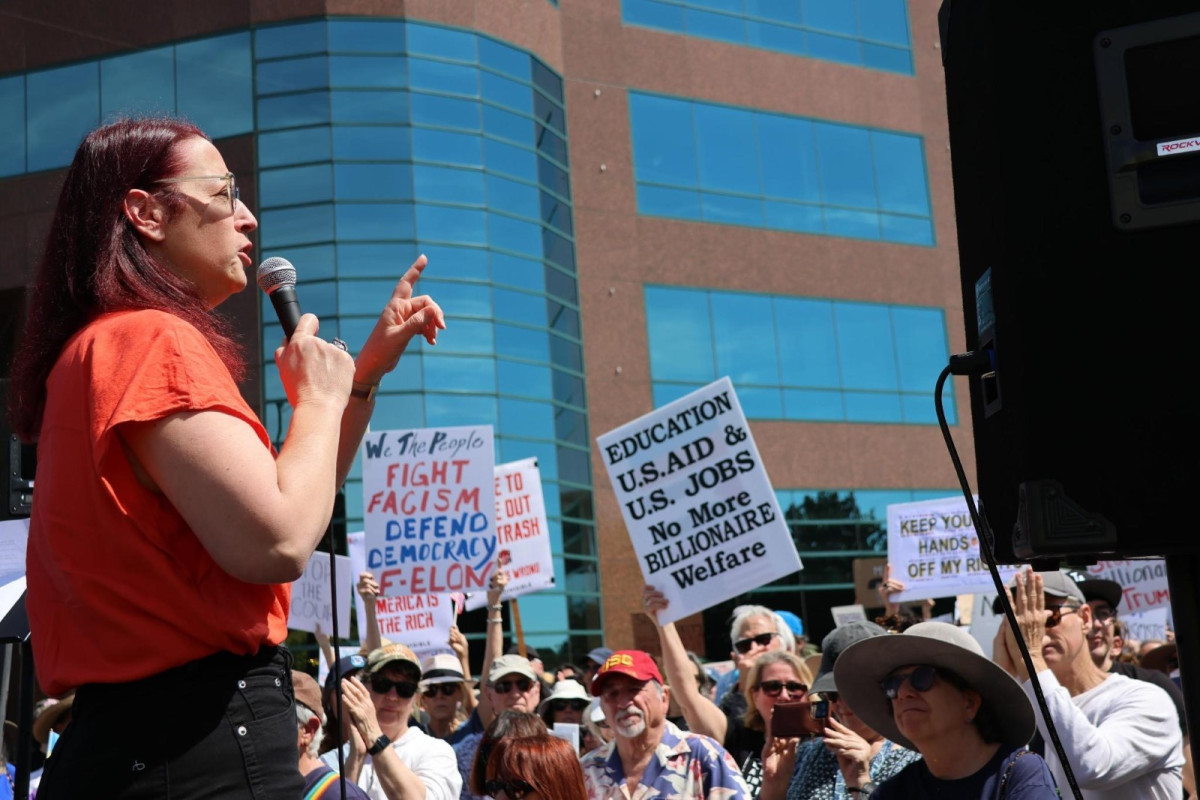 Below: Friedman takes the stage to speak to the crowd at the March for Our Constitution.