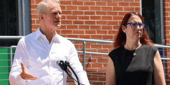 Below: Friedman outside the APLA’s Gottlieb Medical Center with APLA CEO and LA LGBT Center.