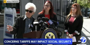 Friedman with seniors and a veteran speaking out against Social Security cuts