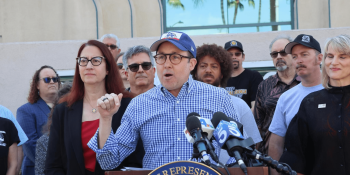 Below: SAG-AFTRA Actor PJ Byrne with Friedman and local labor members.