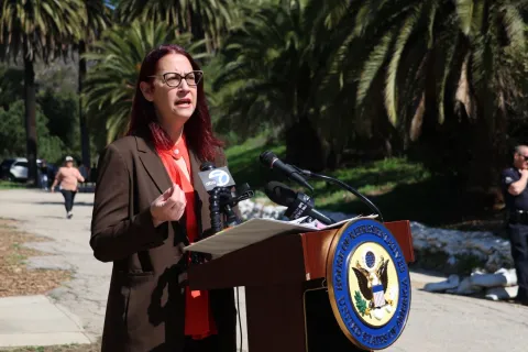 Below: Friedman answers questions from the media about the disaster bill package.